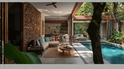 Luxurious Villa Interior with Brick Wall, Pool, and Tropical Garden View in Bali