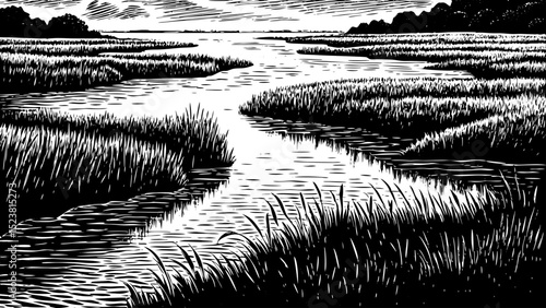 black and white sketch vector of a coastal salt marsh with water channels and grassy patches
