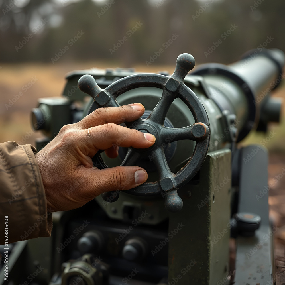 Close up detail shot of mail handsturns the aiming wheel of the artillery mount . Soviet howitzer , military weapon D-30. War in Ukraine Close up detail shot of mail handsturns the aiming wheel of the artillery mount . Soviet howitzer , military weapon D-30. War in Ukraine