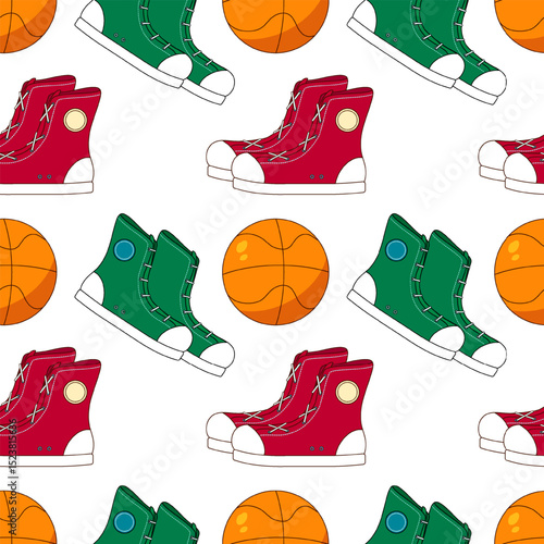 Seamless pattern with red and green sneakers and orange basketballs on white background. For back to school theme, school supplies, stationery, or sports and active lifestyle design, textile, wrapping