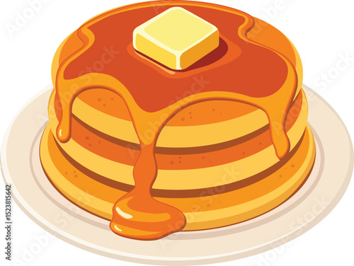 Delicious pancakes stacked high, topped with melting butter and drizzled with syrup, creating mouthwatering breakfast treat