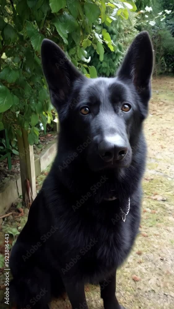 Elegant black long-haired shepherd dog sitting in a verdant garden with foliage and brown eyes, looking directly at the camera. Elegant black long-haired shepherd dog sitting in a verdant garden with foliage and brown eyes, looking directly at the camera.