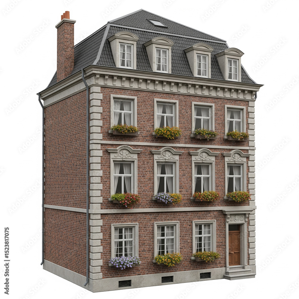 Obraz premium A small countryside wooden cottage with chimney and stone foundation, stylized, white background. 