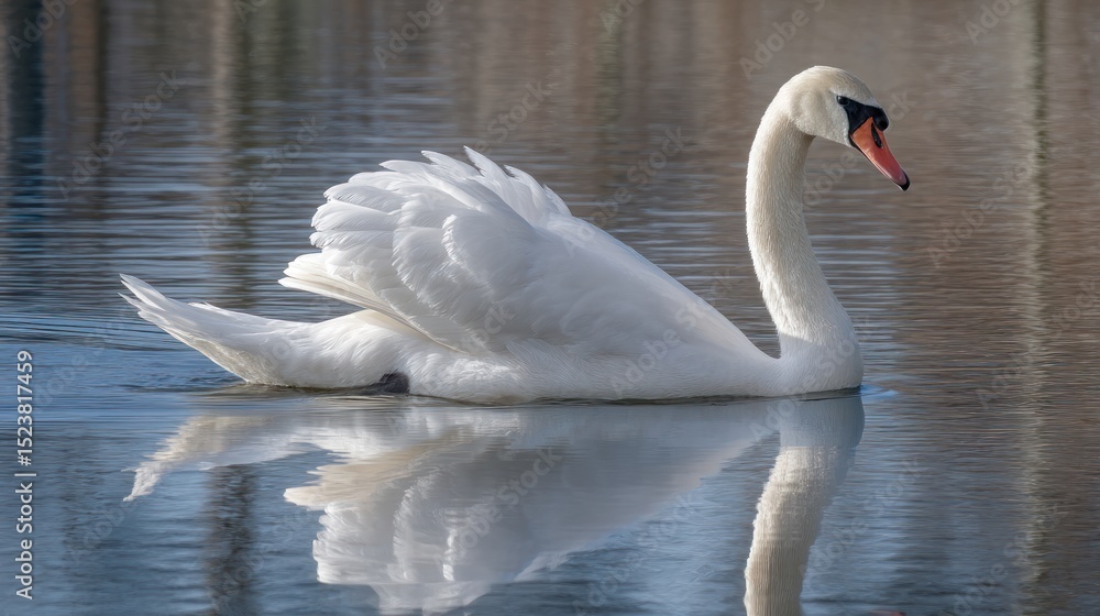 Fototapeta premium Elegant white swan swimming on calm water with beautiful reflection