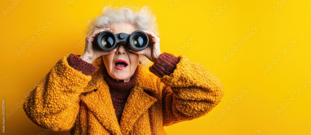 Fototapeta premium Surprised grandmother looking through binoculars on yellow background - banner with text space