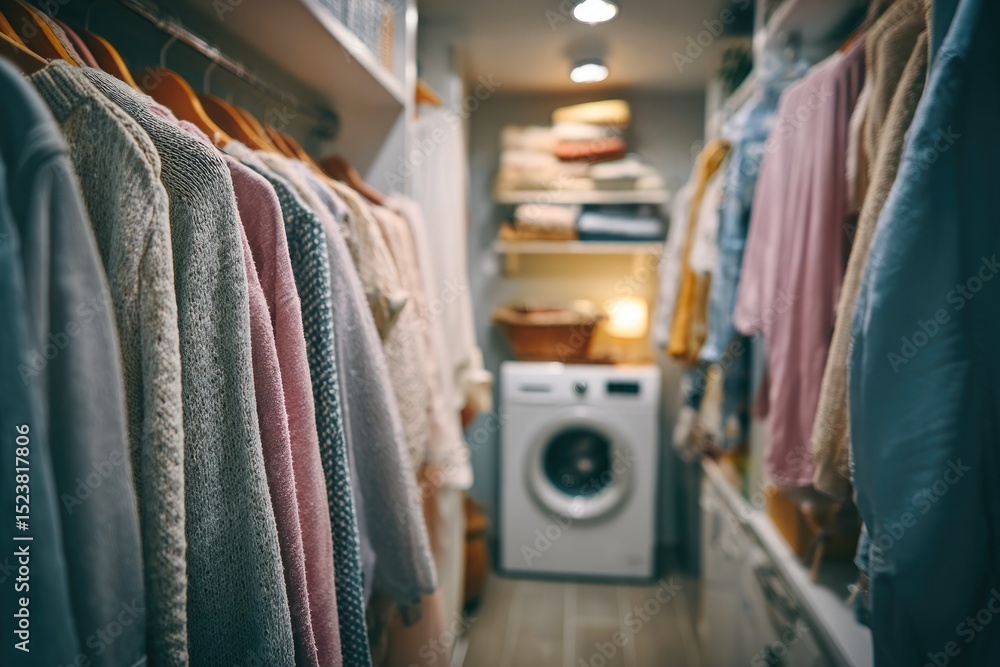 Fototapeta premium Cozy Laundry Room with Washing Machine and Clothes