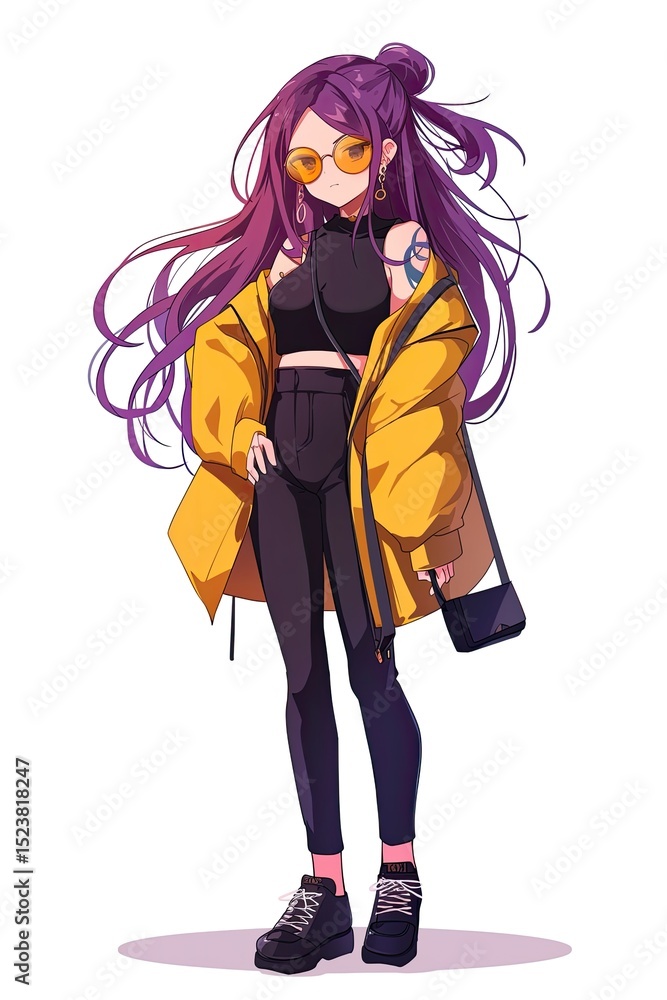 Beautiful Anime Girl sporting chic undercut trendy sunglasses strutting down runway vibrant colors isolated on white background Beautiful Anime Girl sporting chic undercut trendy sunglasses strutting down runway vibrant colors isolated on white background