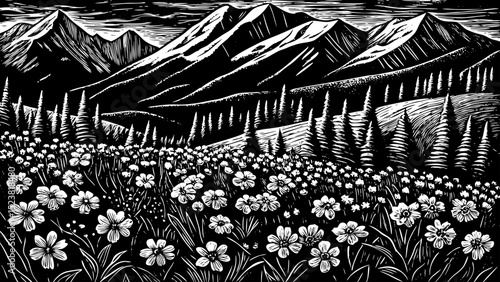 Black and white sketch vector of an alpine meadow full of wildflowers beneath snowy peaks
