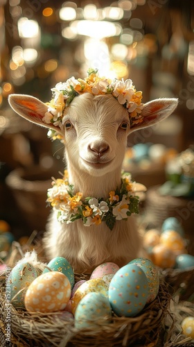 Cute goat with floral crown, Easter eggs. AI.