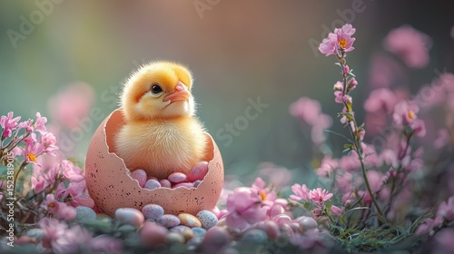 Cute chick in a pastel egg. AI.