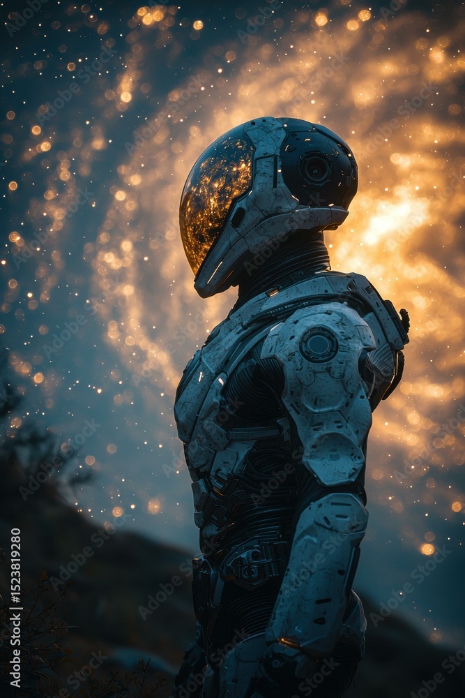 Fototapeta premium A futuristic astronaut suit against a starry night sky. AI.