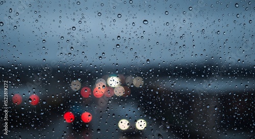 Rainy Night Cityscape View Through Wet Window