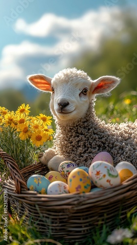 Cute lamb in a nest of colorful eggs. AI.