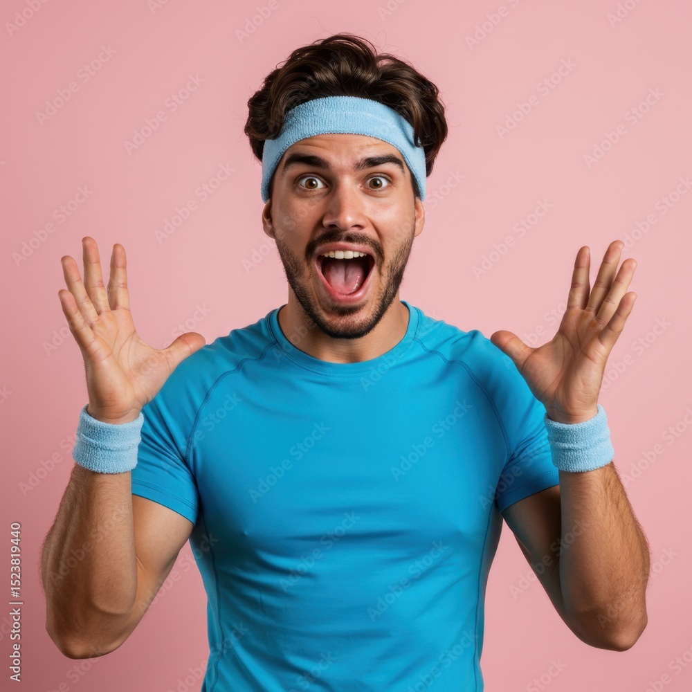 Fototapeta premium Astonished Athlete: Man in Blue Athletic Wear Expressing Amazement Against a Pink Background
