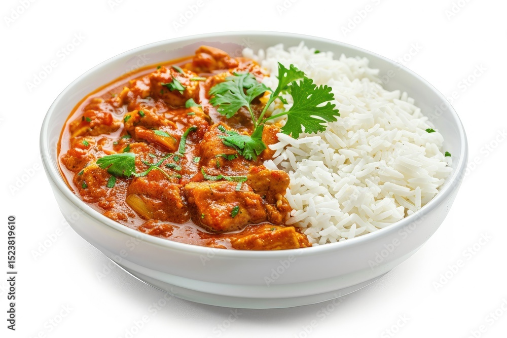 Chicken Tikka Masala Spicy Curry Meat Food with Rice Isolated on a White or White Background Chicken Tikka Masala Spicy Curry Meat Food with Rice Isolated on a White or White Background
