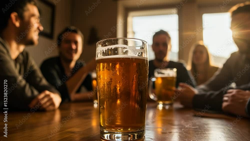 Glass of beer in foreground with friends socializing at sunset Glass of beer in foreground with friends socializing at sunset