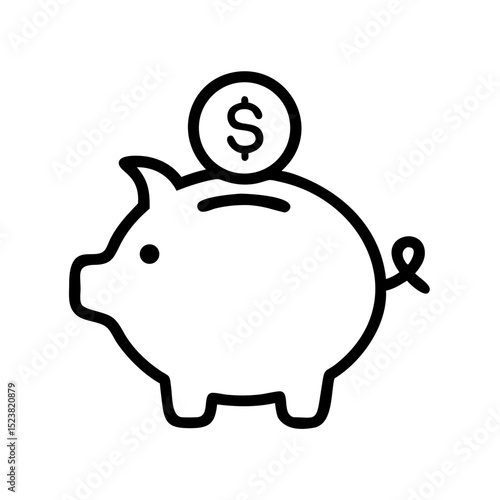 Piggy bank with coin going into it outline icon. Black illustration, vector. Modern minimal flat design, white background. 