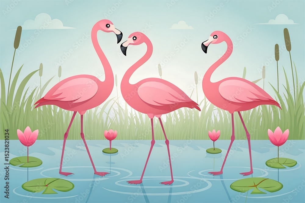 Fototapeta premium Three Pink Flamingos Standing in Water with Lily Pads and Cattails