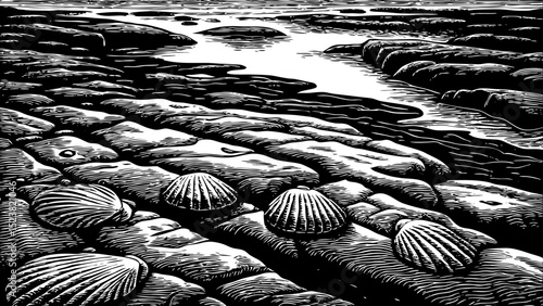 Black and white sketch vector of a rocky shoreline with tidal pools and shell fragments