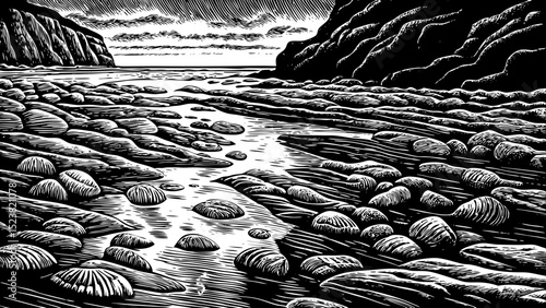 Black and white sketch vector of a rocky shoreline with tidal pools and shell fragments