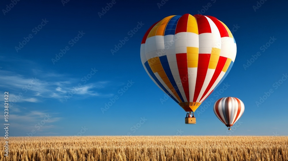 Fototapeta premium Two colorful hot air balloons float above a golden wheat field under a clear blue sky
