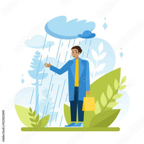Cold snap. The weather is rain. A man in a coat stands in the rain without an umbrella. Cloudy weather. The seasons change. Emotions. The mood is ruined.