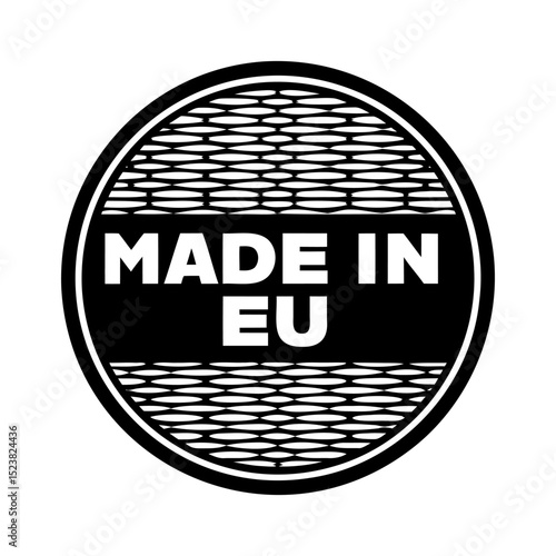 Made in EU icon. Black and white round icon with horizontal lines, stars, and the inscription "MADE IN EU". Vector illustration.
