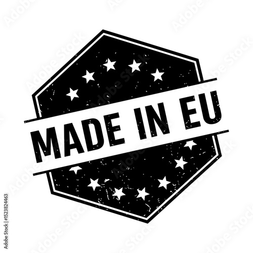 Made in EU icon. Black grunge icon in the shape of a hexagon with a ribbon and stars, with the text "MADE IN EU". Vector illustration