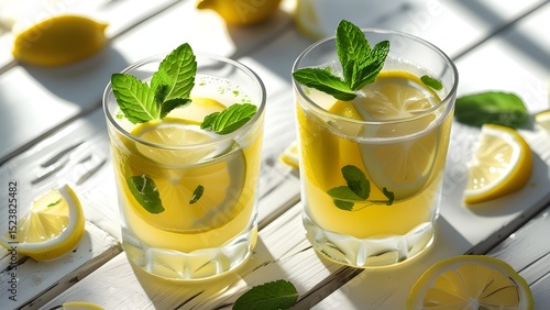 Refreshing summer lemonade in clear glasses with lemon slices and mint leaves on white wooden background, natural sunlight and shadows.