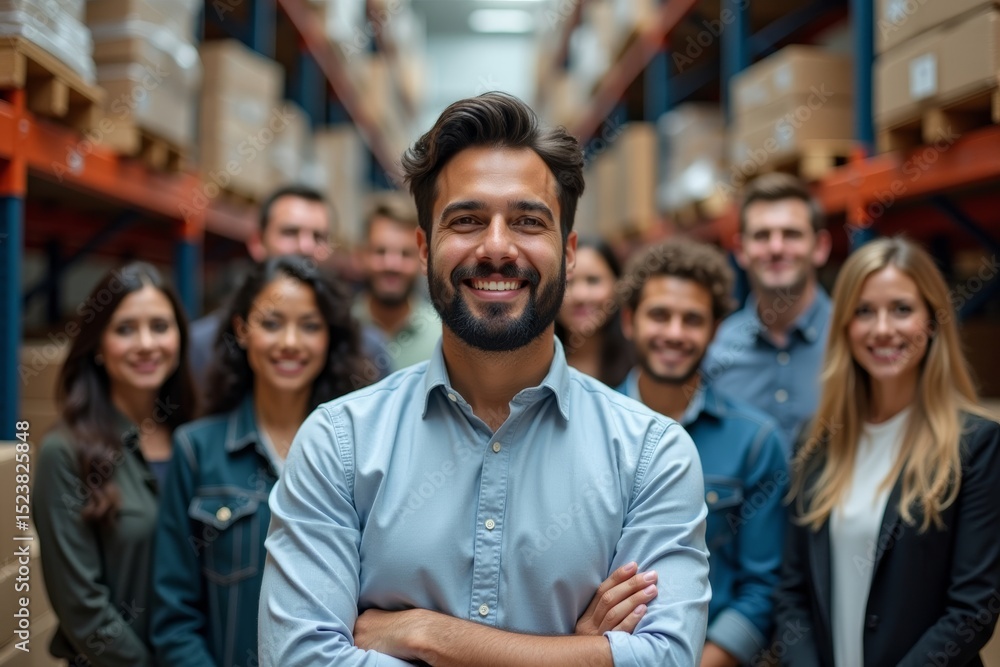 Close-Up Portrait of Asian Male Supervisor in Warehouse Setting, Leading Diverse Team with Confidence and Smile Close-Up Portrait of Asian Male Supervisor in Warehouse Setting, Leading Diverse Team with Confidence and Smile