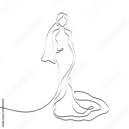 Continuous line drawing of a girl in a wedding dress and vail. Silhouette of the bride. Minimalist black linear sketch isolated on white background. Hand drawn vector illustration.