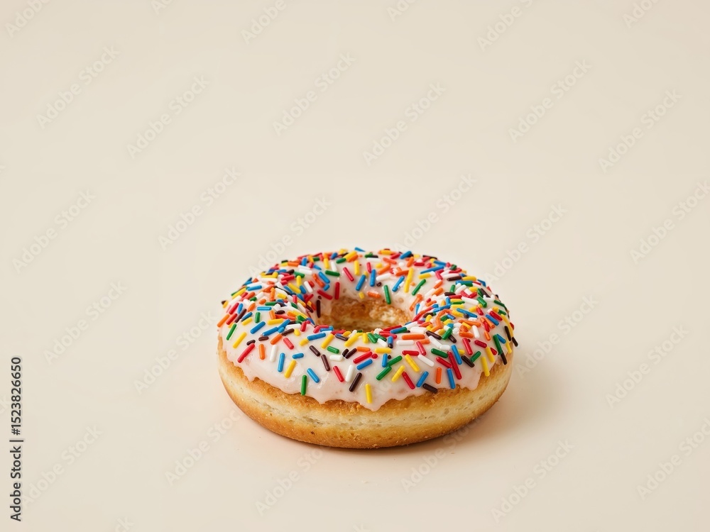 Delicious Donut with White Glaze and Colorful Sprinkles, Isolated on Plain Background Delicious Donut with White Glaze and Colorful Sprinkles, Isolated on Plain Background