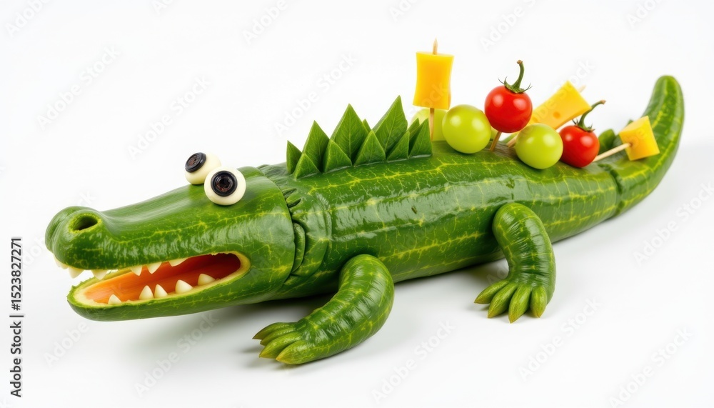Fototapeta premium Creative food art cucumber alligator with vegetables kitchen image white background close-up fun presentation
