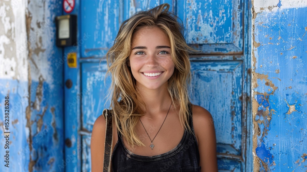 Naklejka premium femme souriante qui porte un tote bag vierge - mockup