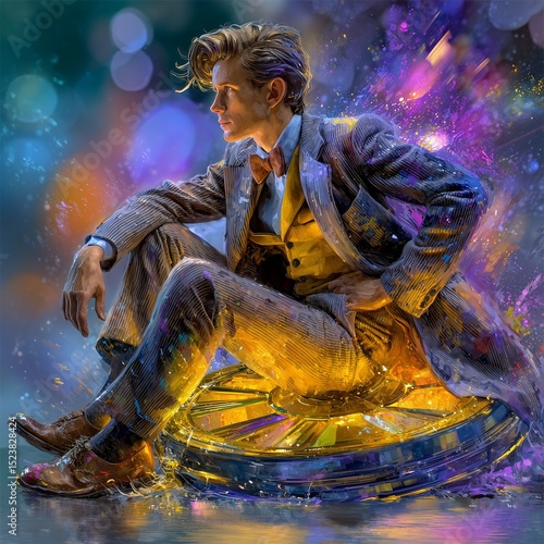 Vibrant Illustration of a Time Traveller with Abstract Colorful Background