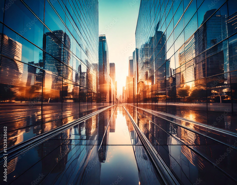 Fototapeta premium Skyscraper reflections on glass facade in modern cityscape