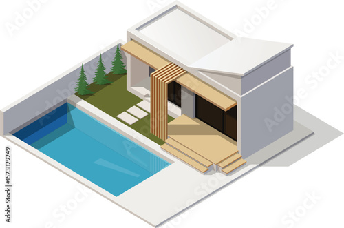 Isometric modern minimalist house with small pool