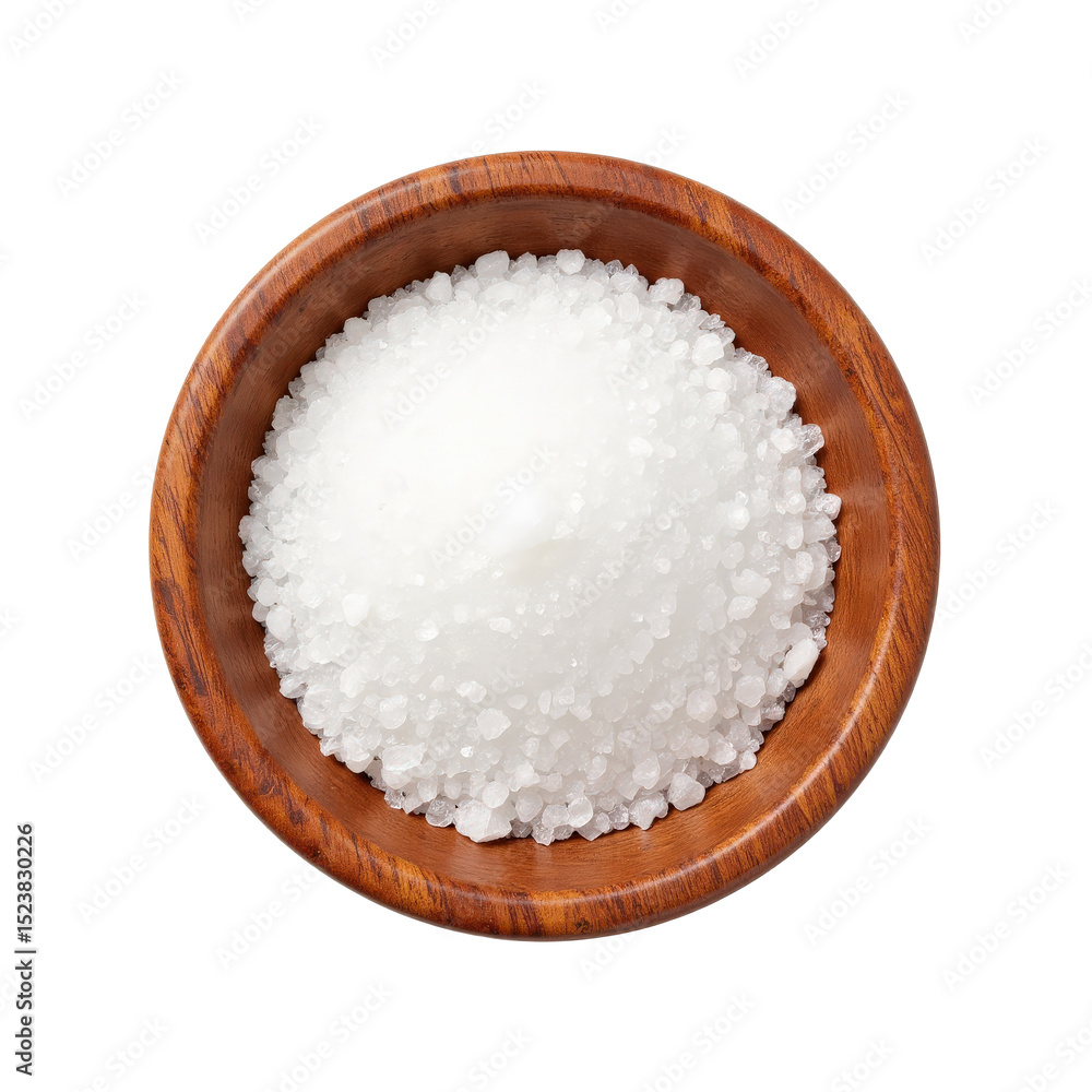 Delicate crystal sea salt in wooden bowl, perfect for gourmet presentations.. Delicate crystal sea salt in wooden bowl, perfect for gourmet presentations..