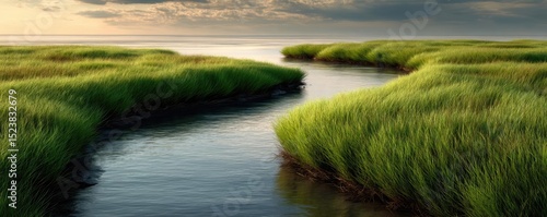 Peaceful mindset with rest, balance and self journey concept. A serene landscape showcasing lush greenery by a flowing stream.