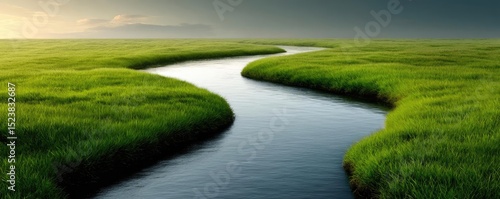 Peaceful mindset with rest, balance and self journey concept. A serene river flowing through lush green grasslands at sunset.