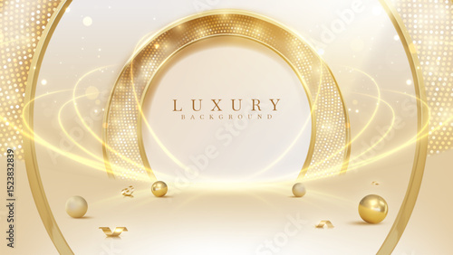 Cream luxury background with gold frame, ribbon and ball with disco light scene decoration. Vector illustration design suitable for product promotion backdrop element or award ceremony.