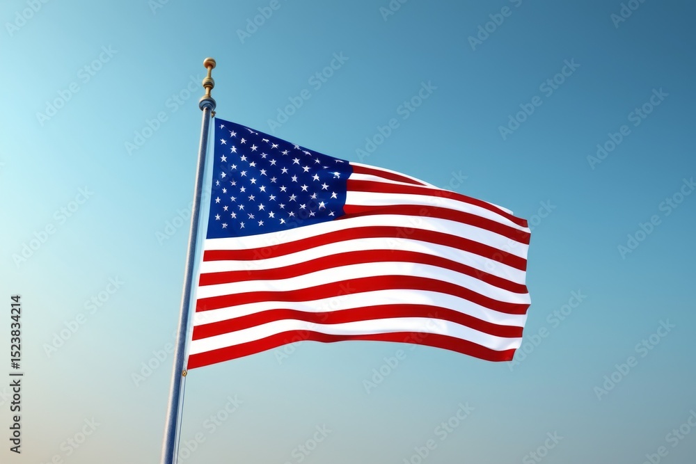 Obraz premium American flag waves against a clear blue sky, evoking patriotism, freedom and national pride.
