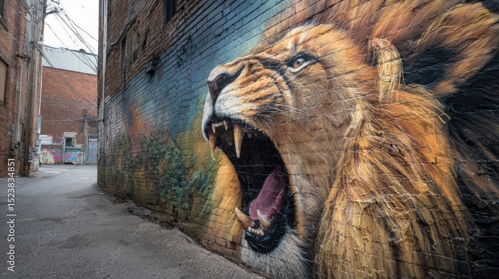 Obraz premium Roaring Lion Mural in Urban Alleyway Brick Wall Art Wildlife Street Art