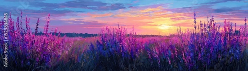 Peaceful mindset with rest, balance and self journey concept. Beautiful sunset over fields with vibrant purple flowers.