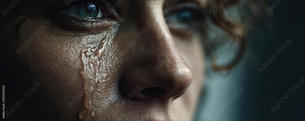 Mindful relaxation through strength, rest and serenity concept. A close-up of an emotional face with a tear on the cheek. Mindful relaxation through strength, rest and serenity concept. A close-up of an emotional face with a tear on the cheek.