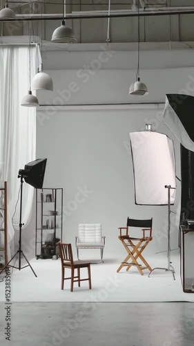 Photography studio space featuring lights, backdrop, chairs, and set dressing ready for a creative photoshoot or portrait session