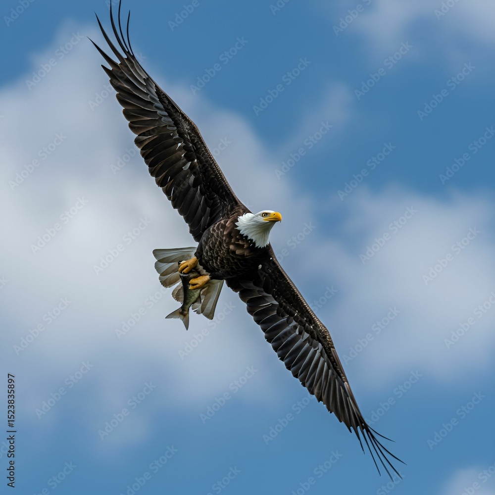 Naklejka premium Bald Eagle Flying with Fish in Talons