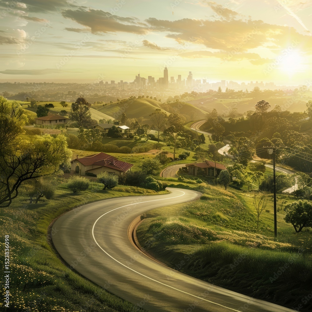 Fototapeta premium Winding road through green hills leading towards a distant city at sunset