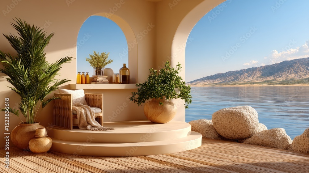 Fototapeta premium Beige patio with lake view
