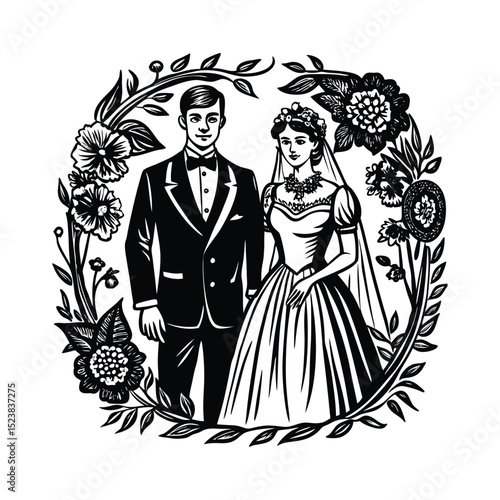 Romantic vintage wedding couple illustrations in detailed hand-drawn engraving style. Elegant black and white bride and groom artwork perfect for classical wedding invitations and timeless romantic.	